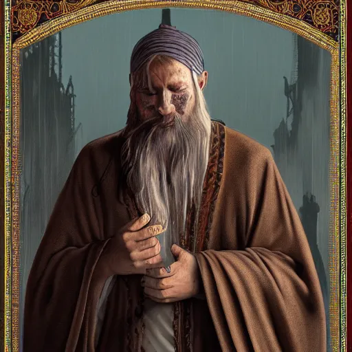 Image similar to highly detailed picture of a man with holes in his robes, religious man wearing clothes with huge rips, destroyed clothes, medieval background, mystic, d & d, fantasy, intricate, elegant, highly detailed, digital painting, artstation, concept art, smooth, sharp focus, illustration, art by artgerm and greg rutkowski and alphonse mucha