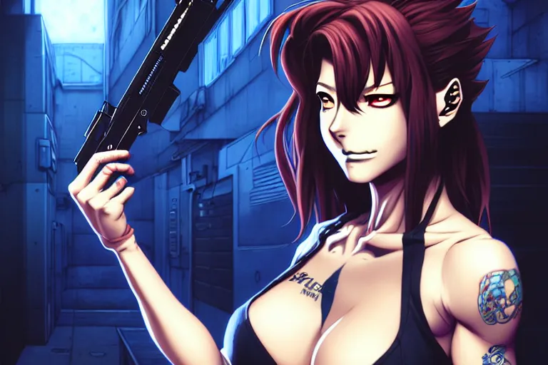 Image similar to a portrait of revy from black lagoon manga, symmetrical eyes, symmetrical face, art by lois van baarle and loish and ross tran and rossdraws and sam yang and samdoesarts and artgerm, digital art, highly detailed, intricate, sharp focus, trending on artstation hq, deviantart, unreal engine 5, 4 k uhd image