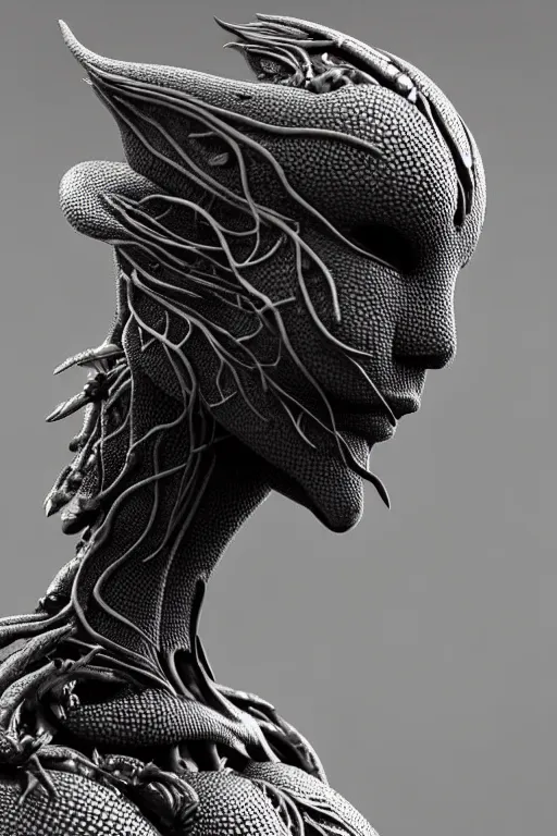 Image similar to bw close - up profile face, black background, beautiful young porcelain vegetal - dragon - cyborg - female, 1 5 0 mm, beautiful natural soft rim light, silver gold details, magnolia leaves and stems, roots, mandelbot fractal, elegant, ultra detailed, white metallic armour, octane render, h. r. giger style