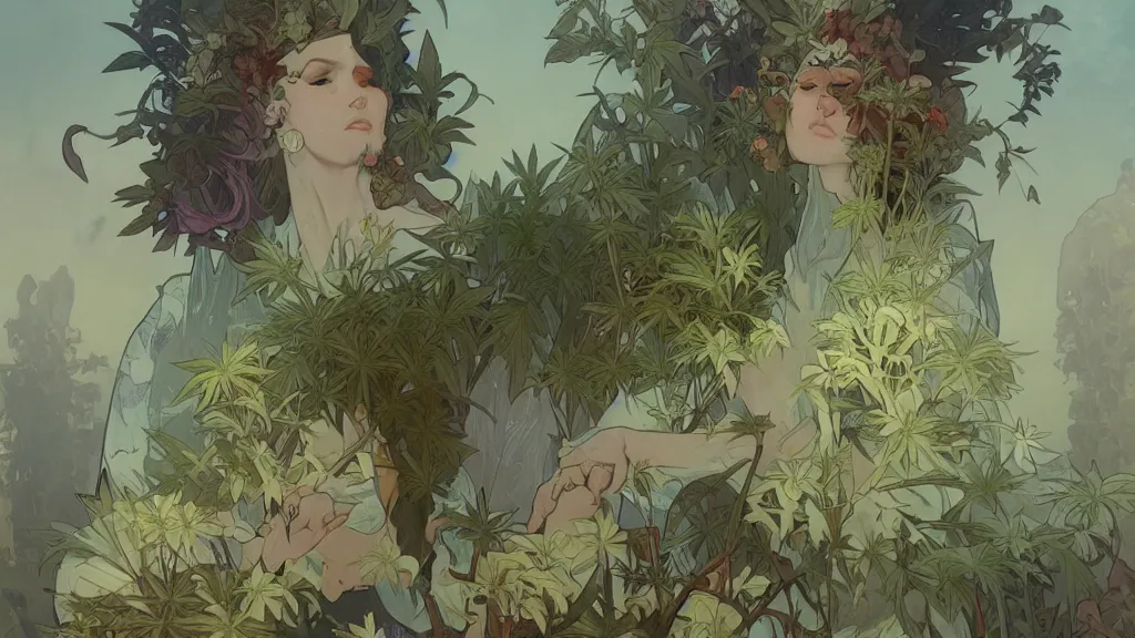 Image similar to a cannabis plant, bio vegetal concept art, by Peter Mohrbacher and Alphonse Mucha, chess, amazonia, detailed, style, 8k, trending on artstation, unreal engine 4k, detailed, clean background trending, full shot, symmetrical portrait, sophisticated, Unreal engine, dystopia, anti-utopia, post processing, psychadelic