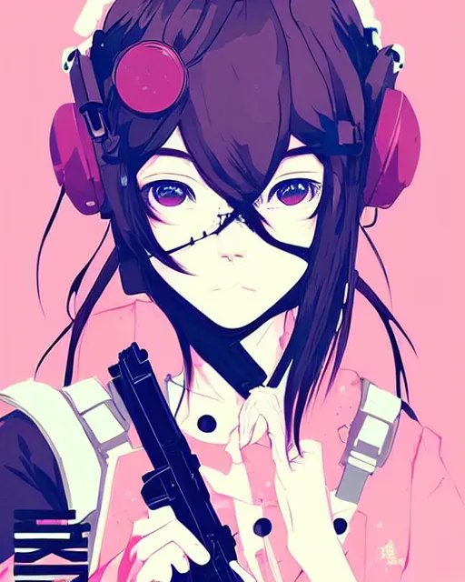 Image similar to girl with tactical gear, very anime!!! anime!! intricate details, aesthetically pleasing pastel colors, poster background, aesthetic details, art by conrad roset and ilya kuvshinov