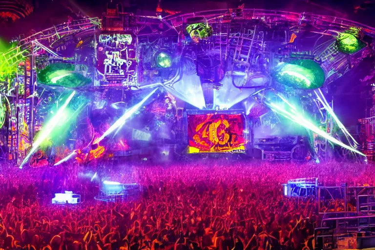 Prompt: an outdoor festival stage with audience, big 3 d letters tripmachine, center of the stage is a big futuristic steampunk machine with gears and belts and tubes, surrounded by big screens and loudspeakers, rock musicians on the stage, laser show, 8 k, fluorescent colors, halluzinogenic, multicolored, exaggerated detailed, unreal engine