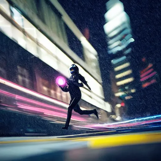 Prompt: editorial photo of a woman wearing scifi helmet running motion blur, cyberpunk night, city, raining