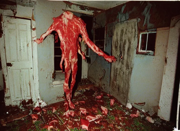 Image similar to 1 9 9 3, disposable camera, flash, pov, old abandoned house, male : creature, standing, meat, ooze, slime, veins, wet