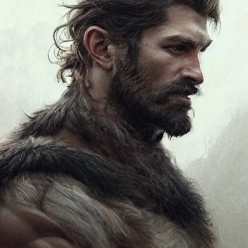 Image similar to portrait of a rugged ranger, coherent hands, handsome, muscular, full body, leather, hairy, d & d, fantasy, intricate, elegant, highly detailed, digital painting, artstation, concept art, smooth, sharp focus, illustration, art by artgerm and greg rutkowski and alphonse mucha