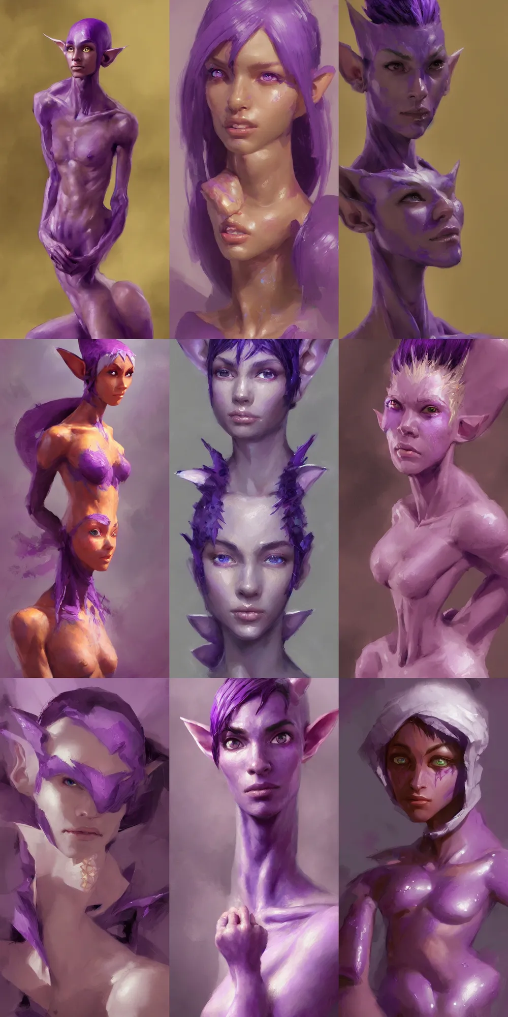 Prompt: a beautiful painting of a vibrant purple skinned elf with narrow features, by craig mullins, featured on artstation