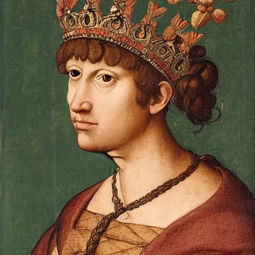 Image similar to a renaissance style portrait of a wild boar (Sus scrofa) wearing a crown and a cape, dark background