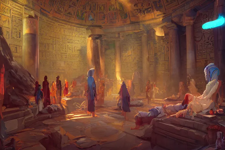 Image similar to energetic healing chamber watched over by the egyptian pantheon, tooth wu, dan mumford, beeple, wlop, rossdraws, james jean, marc simonetti, artstation giuseppe dangelico pino and michael garmash and rob rey and greg manchess and huang guangjian and makoto shinkai