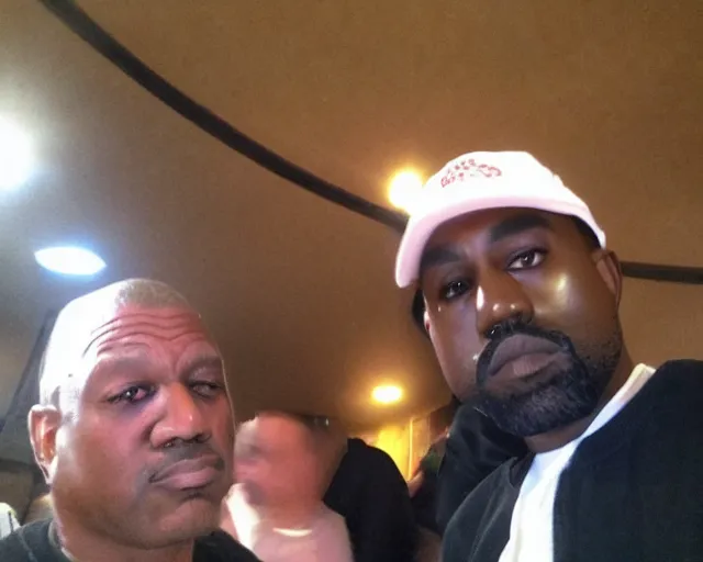 Prompt: my dad that looks like a poor version of Kanye West accidentally taking a selfie with the front camera, squinting because the camera flash is so bright in his face