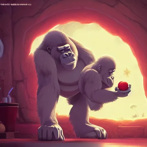 Image similar to a wholesome animation key shot of a gorilla holding a very small red mushroom, chilled out smirk on face, studio ghibli, pixar and disney animation, sharp, rendered in unreal engine 5, anime key art by greg rutkowski, bloom, dramatic lighting, made by banksy