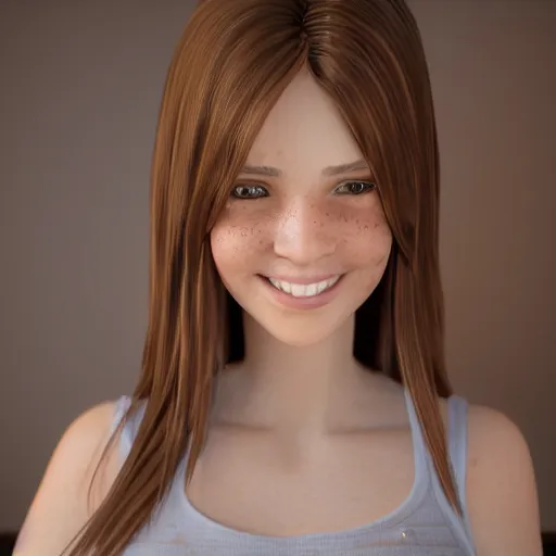 Image similar to Render of April, a cute 3D young woman, long shiny bronze brown hair, full round face, green eyes, medium skin tone, light cute freckles, light blush, smiling softly, wearing casual clothing, interior lighting, cozy living room background, medium shot, mid-shot, hyperdetailed, hyperreal, trending on Artstation, Unreal Engine, 4k