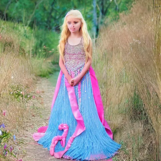 Prompt: a beautiful young princess with long blonde hair and blue eyes wearing a sleeveless elaborately beaded pink dress, high resolution film still, 8k, HDR color, film by Simon Langton and David Frankel