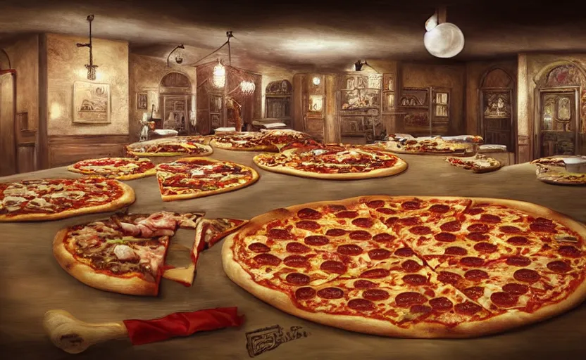 Image similar to a room made of pizza. called the pizza room amazing detailed artwork, trending on artstation