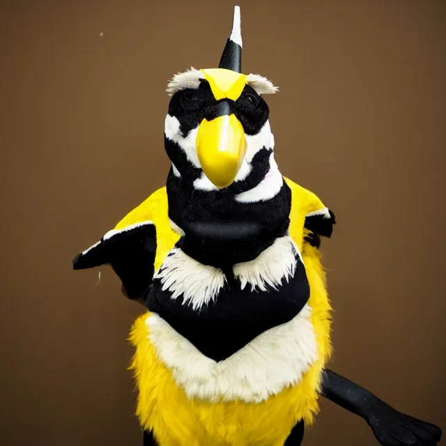 Image similar to a person wearing a fursuit of a yellow - bill magpie fursona, fursona, furry convention, hotel lobby, indoors, photograph, furry fandom, photorealistic,