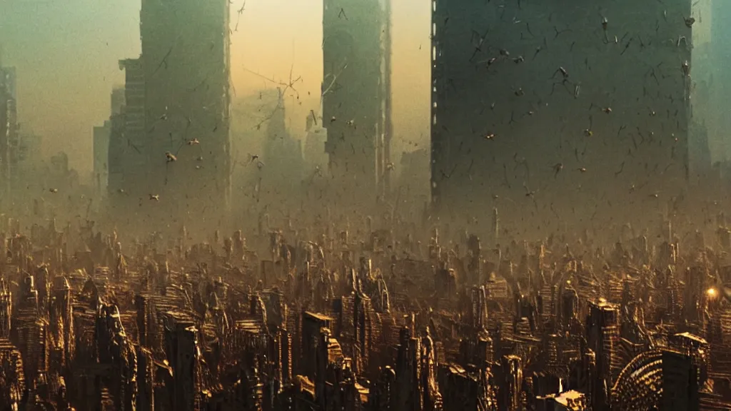 Prompt: giant insects crush a city, film still from the movie directed by Denis Villeneuve with art direction by Zdzisław Beksiński, close up, low angle, golden hour