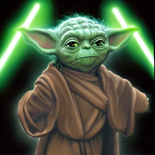 Prompt: inspired by ralph mcquarrie, yoda with a lightsaber