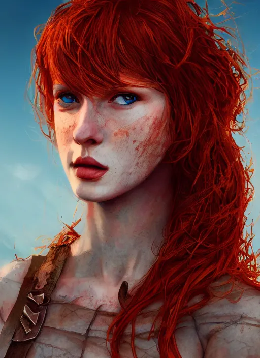 Image similar to Redhead girl which chest wrapped in bandages in desert, portrait, fantasy, medieval, vivid colors, fantasy, elegant, concept art, sharp focus, beautiful face, digital art, Hyper-realistic, 4K, Unreal Engine, Highly Detailed, HD, Dramatic Lighting by Brom, trending on Artstation