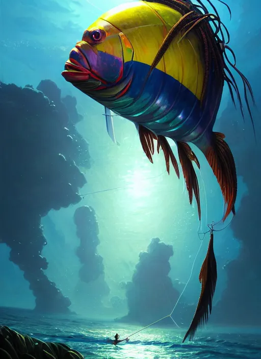 Image similar to portrait of a jamaican fisherman sci - fi glowing fishing armor muscular cyberpunk intricate elegant highly detailed digital painting artstation concept art, ocean fish jamaican flag colors background, greg rutkowski, loish, rhads, ferdinand knab, makoto shinkai and lois van baarle, ilya kuvshinov, rossdraws, tom bagshaw