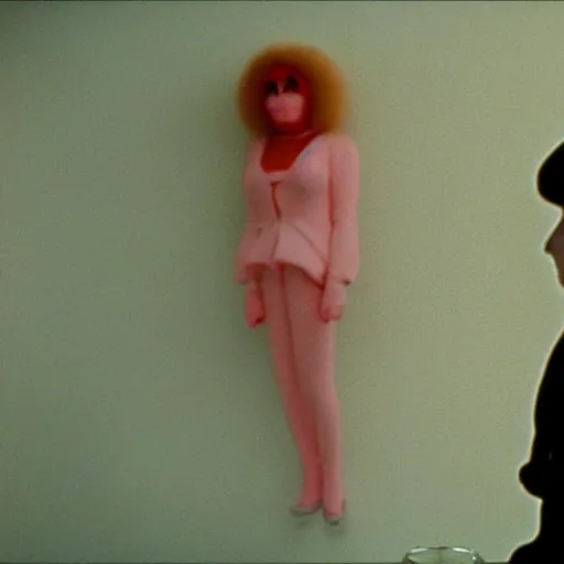 Image similar to still from a 1992 arthouse film about a depressed woman dressed as an inflatable puppet who meets a handsome younger man in a seedy motel room, color film, 16mm soft light, weird art on the wall