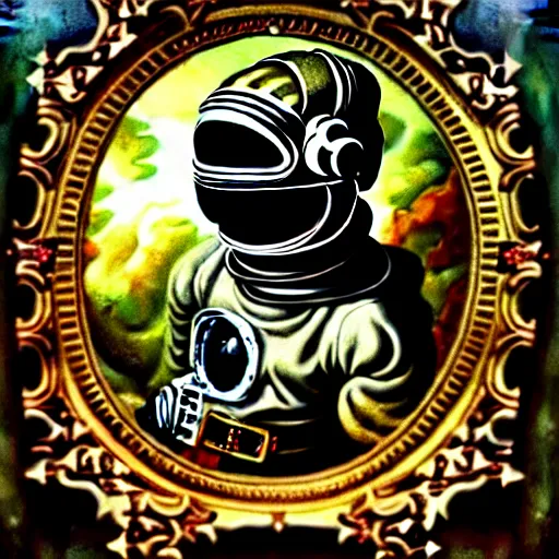 Image similar to an extreme detailed baroque rococo painting with detailed textures of a headless astronaut with quantum fire pouring from his visor, disturbing cybergothic high image quality