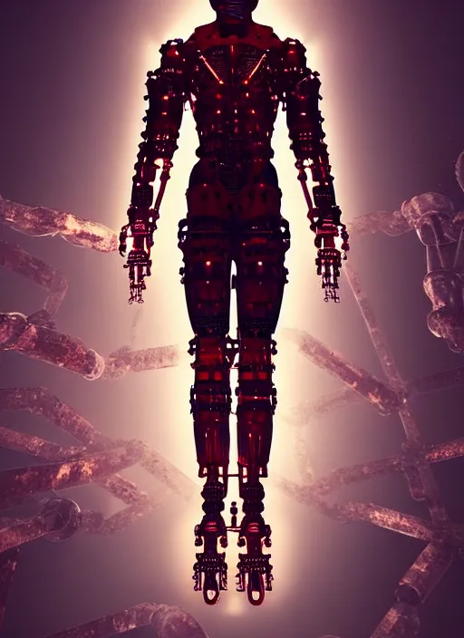 Image similar to space station exterior, a statue jesus on cross made of red marble, perfect symmetrical body, full body shot, inflateble shapes, wires, tubes, veins, white biomechanical, wearing epic bionic cyborg implants, masterpiece, intricate, biopunk, vogue, highly detailed, artstation, concept art, cyberpunk, octane render