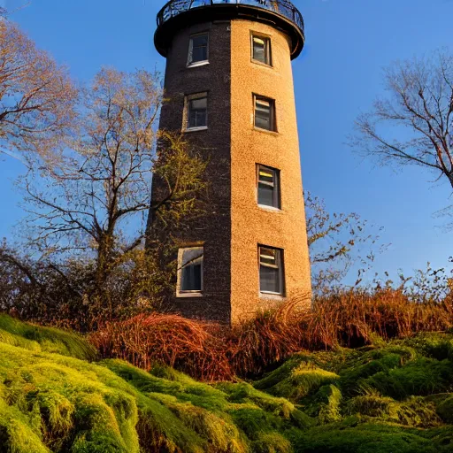 Image similar to photograph of a moss covered light house in the middle of a city on hills