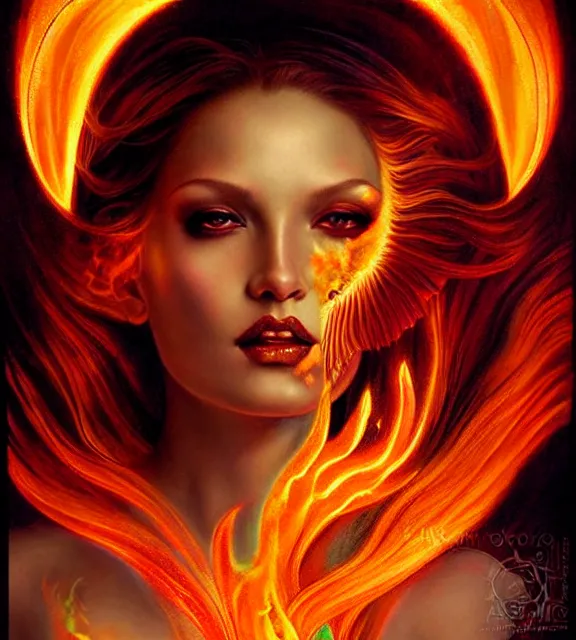 Prompt: fiery goddess, fluorescent tattoos, portrait, tarot card, digital art by artgerm and karol bak