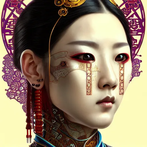 Image similar to a portrait of a female cyberpunk machine, machine face, upper half portrait, decorated with chinese opera motifs, asian, fine china, wuxia, traditional chinese art, intricate, elegant, highly detailed, symmetry, headpiece, digital painting, artstation concept art smooth sharp focus, illustration, art by artgerm and greg rutkowski alphonse mucha 8 k