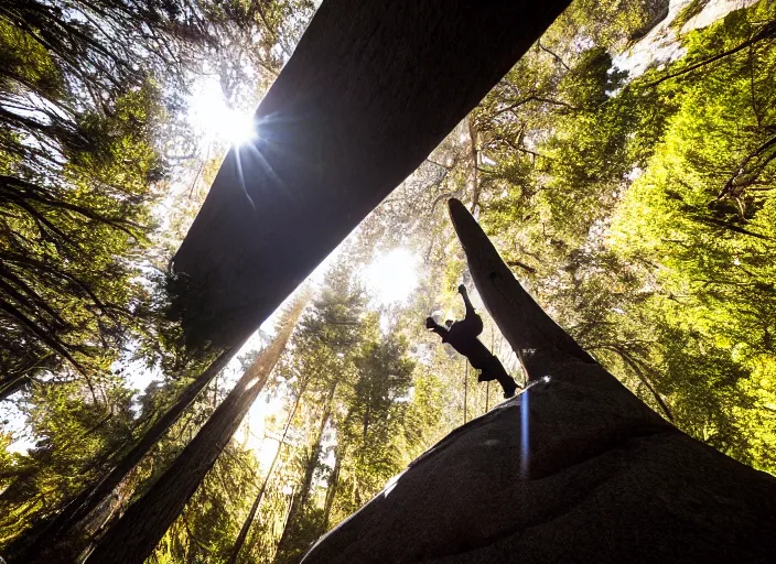 Prompt: a 2 8 mm macro wide angle photo of a man freeclimbing in yosemite national park, splash art, movie still, bokeh, canon 5 0 mm, cinematic lighting, dramatic, film, photography, golden hour, depth of field, award - winning, anamorphic lens flare, 8 k, hyper detailed, 3 5 mm film grain, hazy