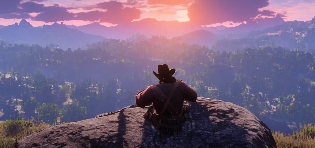 Image similar to Arthur Morgan from Red Dead Redemption 2 sitting at the top of a mountain looking at a beautiful sunrise in the distance