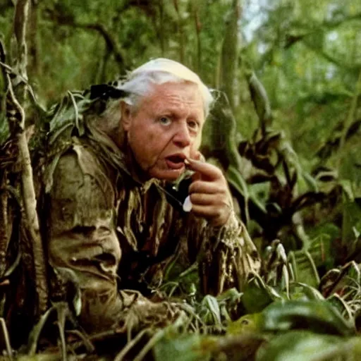 Image similar to film still of sir david attenborough as major dutch, covered in mud and hiding from the predator predator predator in swamp scene in 1 9 8 7 movie predator, hd, 4 k