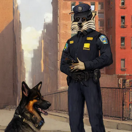 Image similar to new york city portrait of furry anthro anthropomorphic german shepard head animal person fursona wearing clothes nypd traditional police uniform in the alley, sunny day, digital art by Nerdrum John, William Waterhouse, Winslow Homer, Alex Heywood, Jordan Grimmer, Darren Quach, Greg Rutkowski, Simon Stalenhag, trending on Artstation, CGSociety