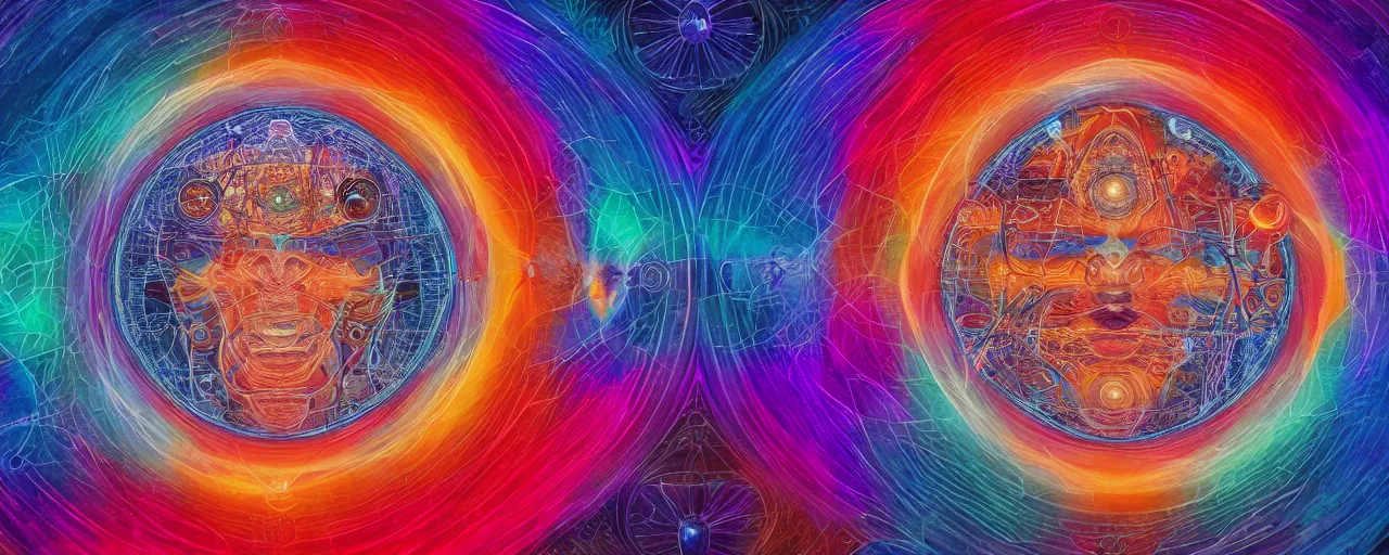 Image similar to transcendence into collaborative intelligence, endless collaboration with ai, connectedness, body, by alex grey, album cover, award winning, beautiful, colorful, volumetric lighting, trending on artstation, cinematic