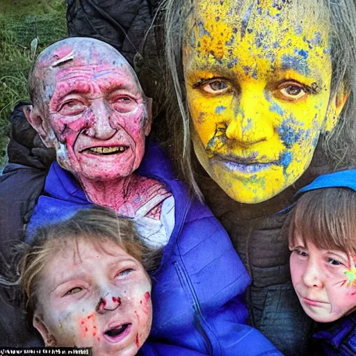 Prompt: selfie of the last surviving ukrainian with children with evil faces, wild pain and damage to the body burns alive to the bone, painted in dirty yellow - blue colors, a huge nuclear explosion is approaching in the background, a very detailed photo