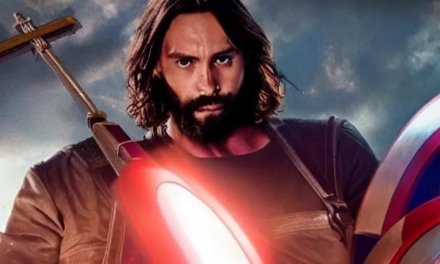 Image similar to jesus christ fighting alongside the avengers, using his cross as weapon, photorealistic, cinematic lighting, extremely detailed, marvel cinematic universe