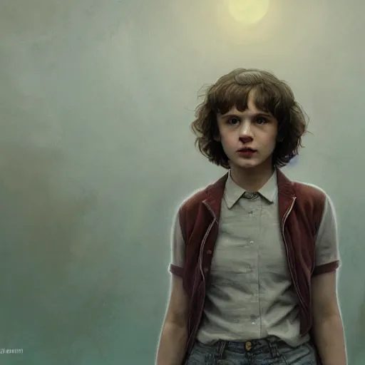 Image similar to Eleven from Stranger Things facing the camera with her hand outstretched with things floating all around her, fullbody, intricate, highly detailed, artstation, concept art, smooth, sharp focus, illustration, art by greg rutkowski and orientalism and bouguereau and Zdzislaw Beksinski, good clear quality, lighting, biology, symmetrical artwork, perfect face, 135 mm, cinematic, hyper realism, high detail, octane render, 8k, chrome accents