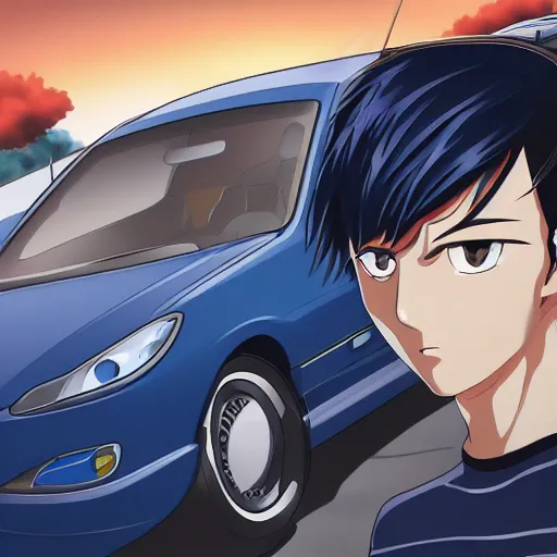 Prompt: closeup of a high definition anime guy with short dark blue hair and black streetwear clothing riding a dark red 1996 Hyundai Accent car with armenia quindio in the background, Artwork by Shuichi Shigeno, pixiv, 8k, official media, wallpaper, hd