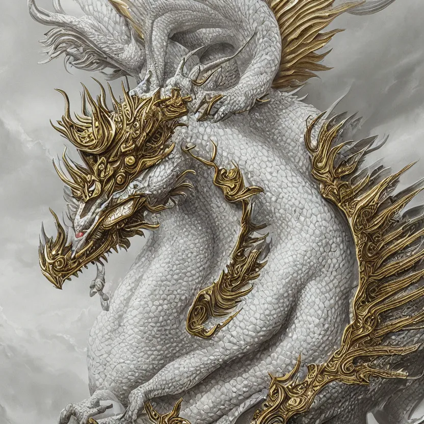 Image similar to amazing exquisite matte painting, close - up portrait of a chinese white dragon, sacred, shimmer, exquisite detail, huge details, gold detailed line work, by xision and yukii morita,, james jean, trending on artstation