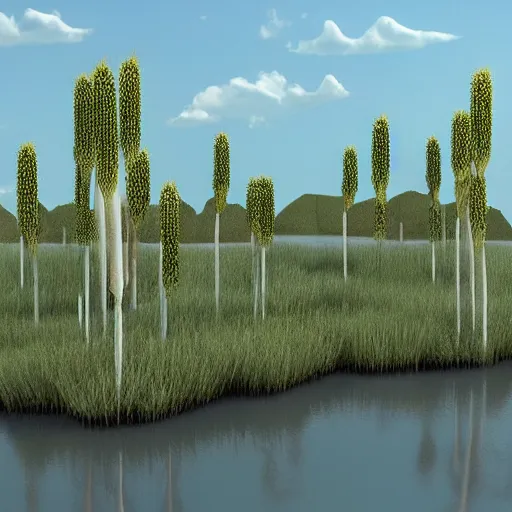 Prompt: cattail forest scaled up to human size, riding a boat, concept art, 3 d render, realistic, focused