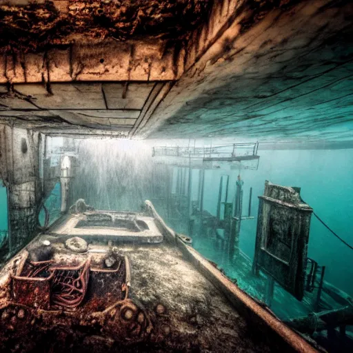 Prompt: abandoned rusty underwater city, surreal, horror, eerie, creepy, murky water, underwater, underwater photography, dark, submechanophobia, animatronics,