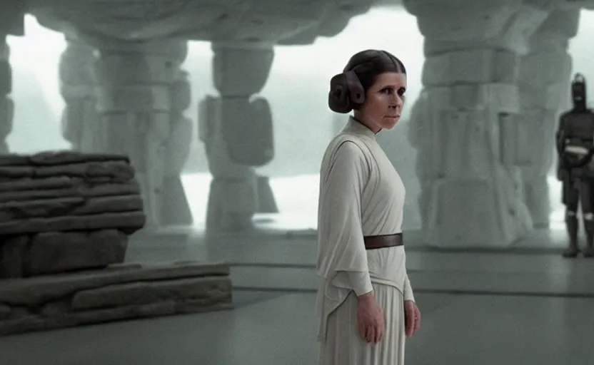 Image similar to portrait of Princess Leia alone at Jedi Temple scene from the last jedi, 2022, film by Stanley Kubrick, 4k serene, iconic , photoreal Carrie fischer, detailed stunning cinematography, hyper detailed, sharp, anamorphic lenses, kodak color film