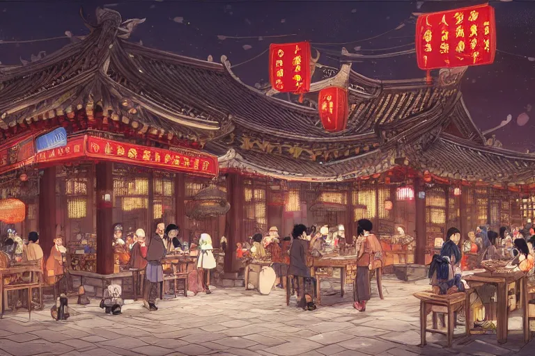 Prompt: fantasy art of a bustling tavern in china, at night, by hayao miyazaki, highly detailed digital art, trending on artstation