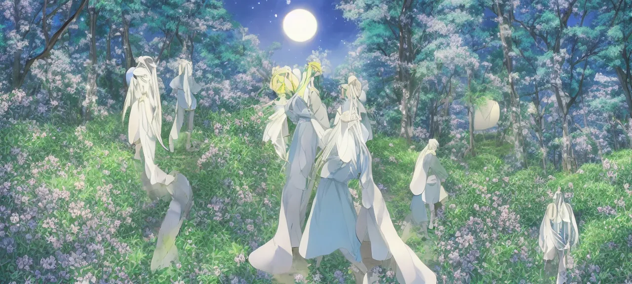 Image similar to illyasviel walking through enchanted ghibli clover | Big Moon at Blue Night | Trees with white flowers | bioluminescent blue FLOWERS | strong blue rimlit | visual-key | anime illustration | highly detailed High resolution | Light Novel | Visual Novel | In the style of Miyama-Zero, Yuuki Hagure