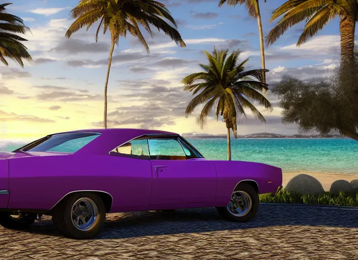 Image similar to hyperrealism, detailed textures, photorealistic 3 d render, a dreamy beach in cuba, a 1 9 7 0 hemi charger with plum crazy purple colour scheme, sharp focus, ultra realistic, ultra high pixel detail, cinematic, intricate, cinematic light, concept art, illustration, art station, unreal engine 8 k