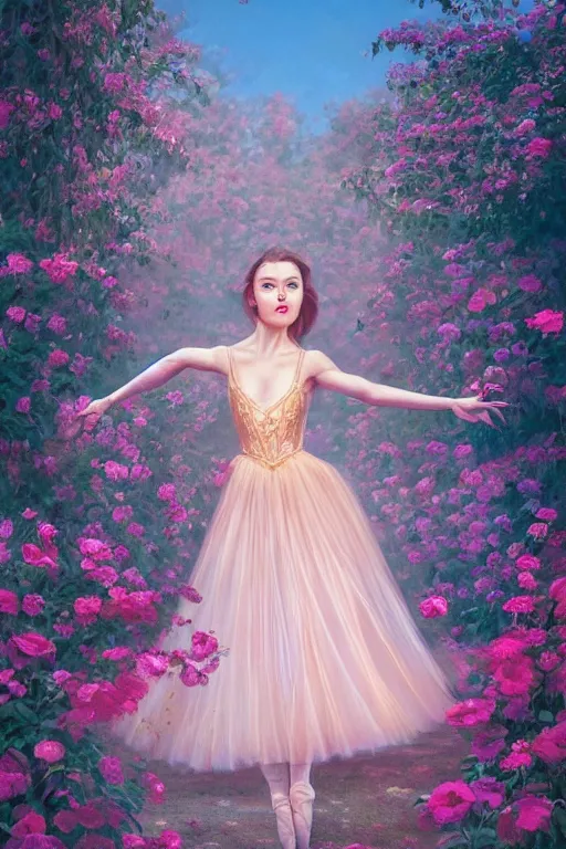 Image similar to stunningly beautiful, prima ballerina in rose garden, symmetrical face, golden hour, smooth, focus, highly detailed, hyper realistic, dramatic lighting, elegant, intricate, concept art, art by wlop, mars ravelo, greg rutowski, artstation