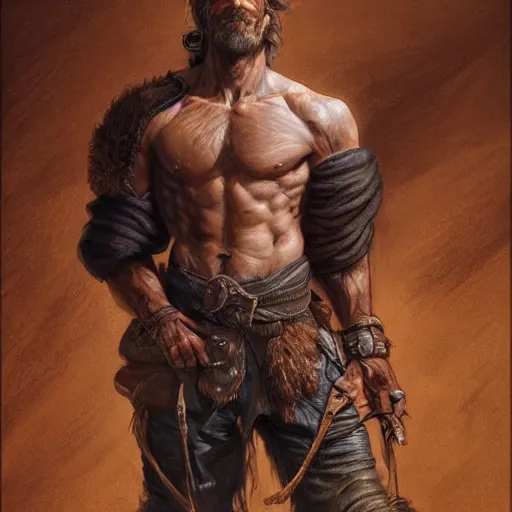 Image similar to portrait of a ruggedly handsome ranger, coherent hands, muscular, full body, leather, hairy, d & d, fantasy, intricate, elegant, highly detailed, digital painting, artstation, concept art, smooth, sharp focus, illustration, art by artgerm and greg rutkowski and alphonse mucha