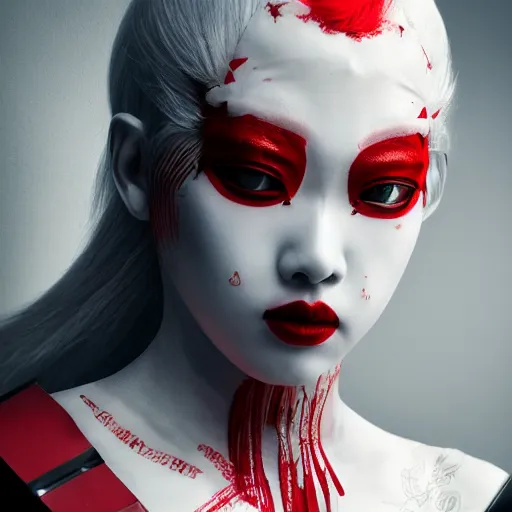 Image similar to albino maiko wearing an armor war paint, award winning photograph, 4 k, red and white neon, concept art, intricate details, highly professionally detailed, cgsociety, highly detailed -