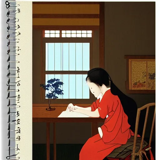 Image similar to An expressive painting by Hasui Kawase of a Japanese girl sat writing in a journal while wearing headphones illuminated by a desk lamp, in the background is a window overlooking a rainy night-time city, with a cat resting on the window cill, a relaxed and dreamy atmosphere, highly atmospheric with dynamic lighting, highly detailed, 8K