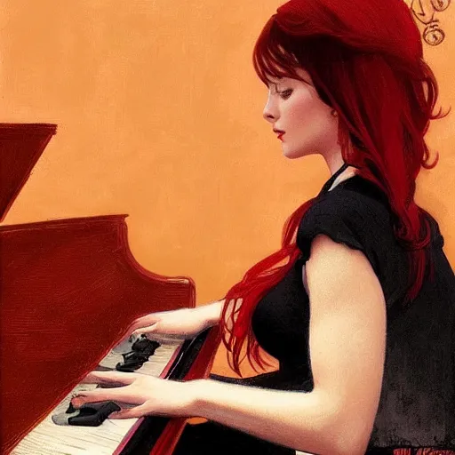 Prompt: a beautiful portait of a piano player with black and red hair singing in a jazz club, female, intricate, elegant, highly detailed, digital painting, artstation, concept art, matte, sharp focus, illustration, art by greg rutkowski and alphonse mucha