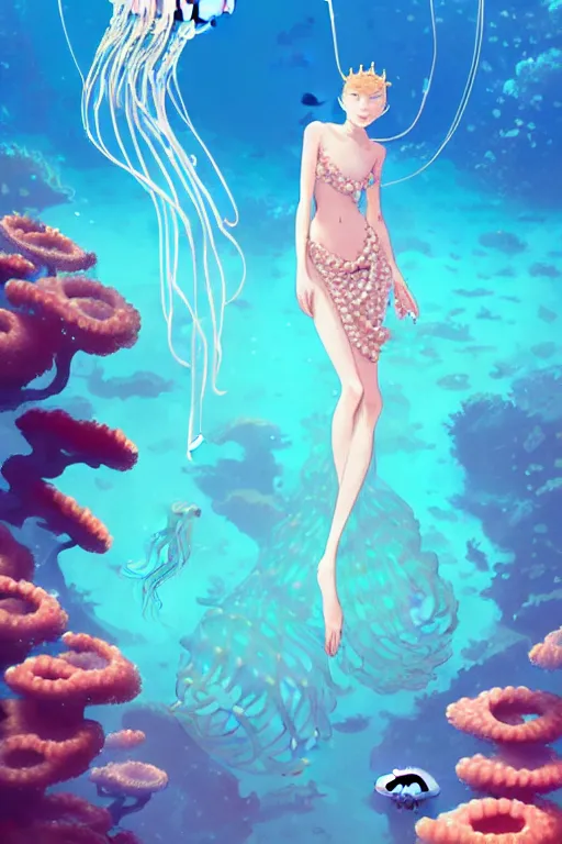 Image similar to a beautiful queen of ocean in the middle of coral reefs, pearl crystal jewelry, complex and shiny dress inspired by jellyfish, by ross tran and atey ghailan, by greg rutkowski, by greg tocchini, by james gilleard, by joe fenton, by kaethe butcher, dynamic lighting, grunge aesthetic